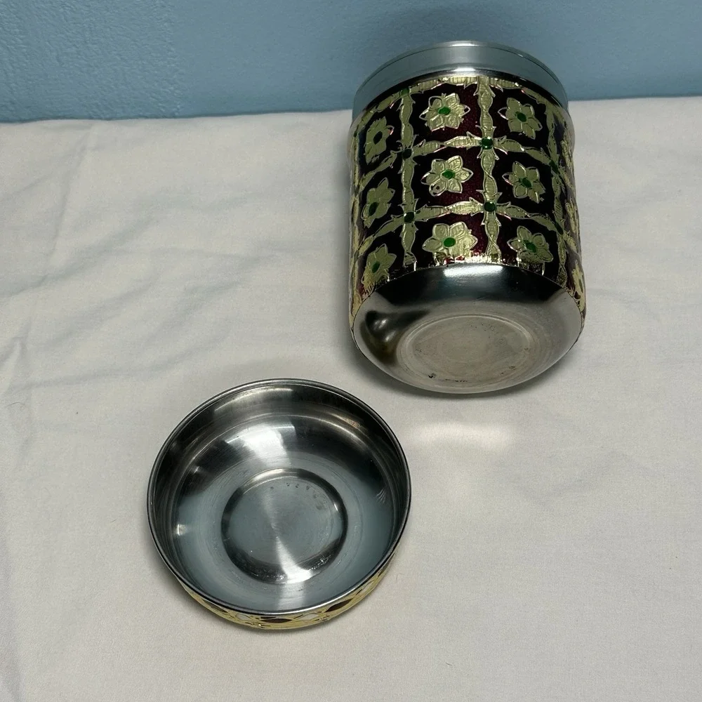 Meenakari Stainless Steel Box Peacock Lid Indian Decorative Canister Dabba